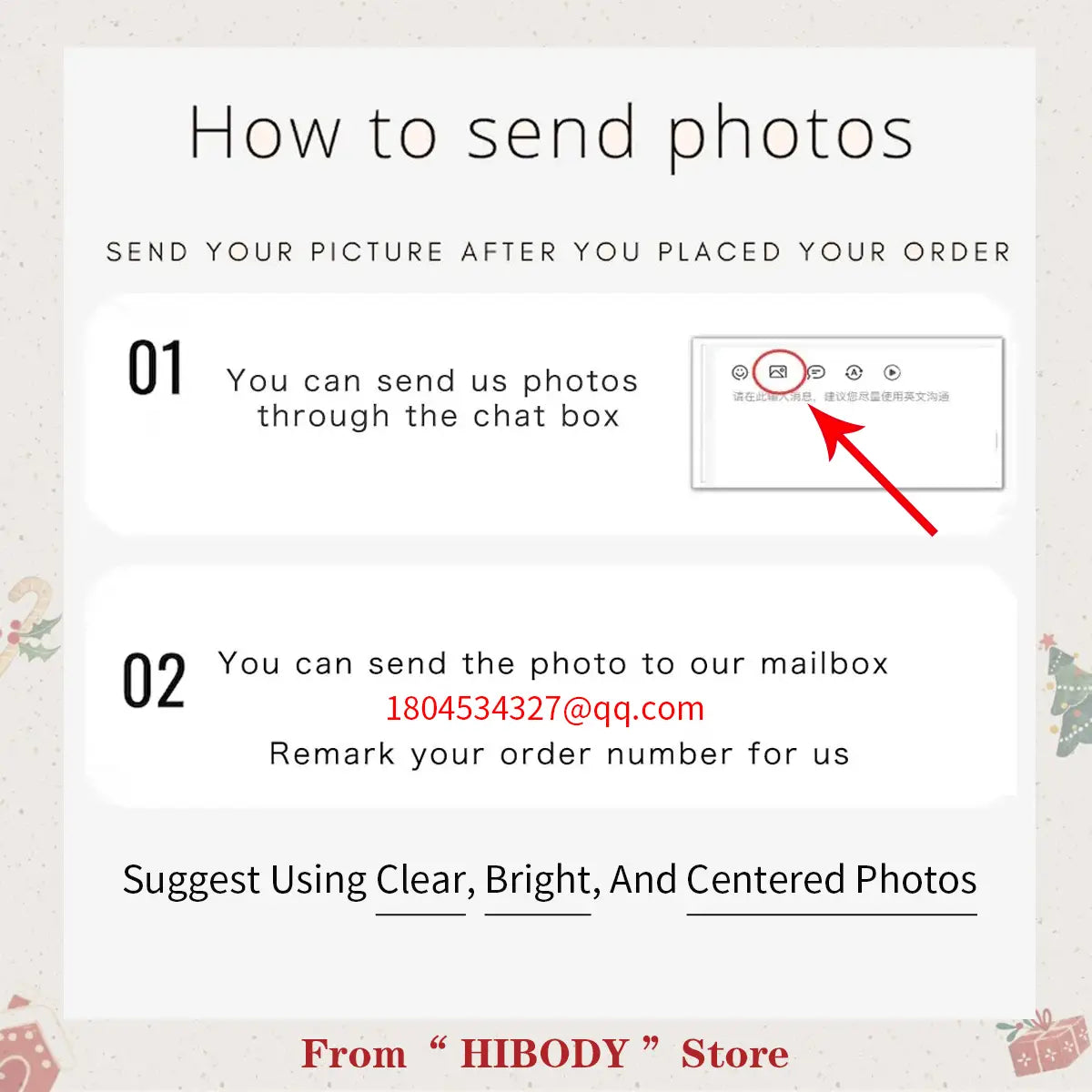 instruction guide for sending photos to the hibody store for a custom photo projection keychain personalized memorial gift in silver metal.