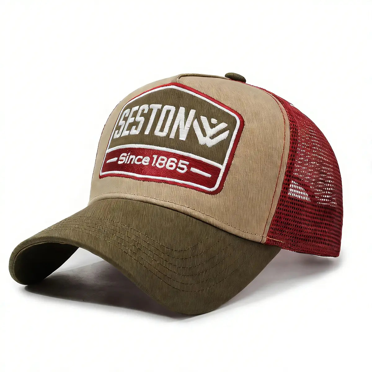 tan and olive green trucker hat with red mesh back featuring an embroidered seston since 1865 patch in a multi color seston logo baseball cap design