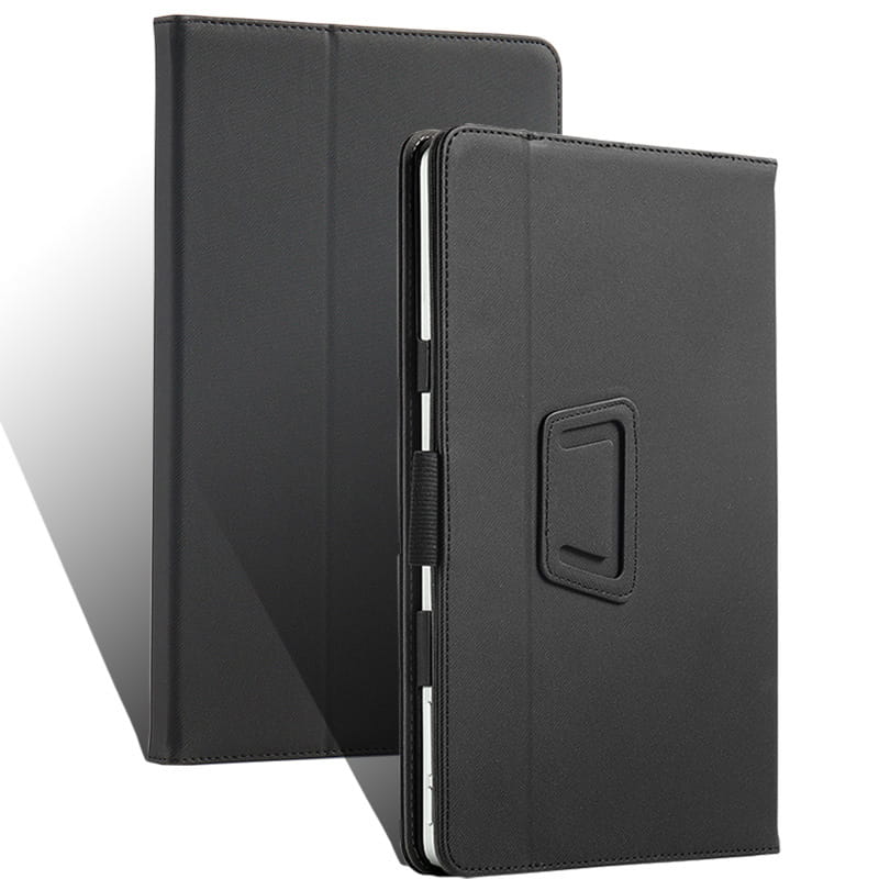 Black leather-style Acer Iconia Tab P10 case with built-in stand and side grip for secure handling.