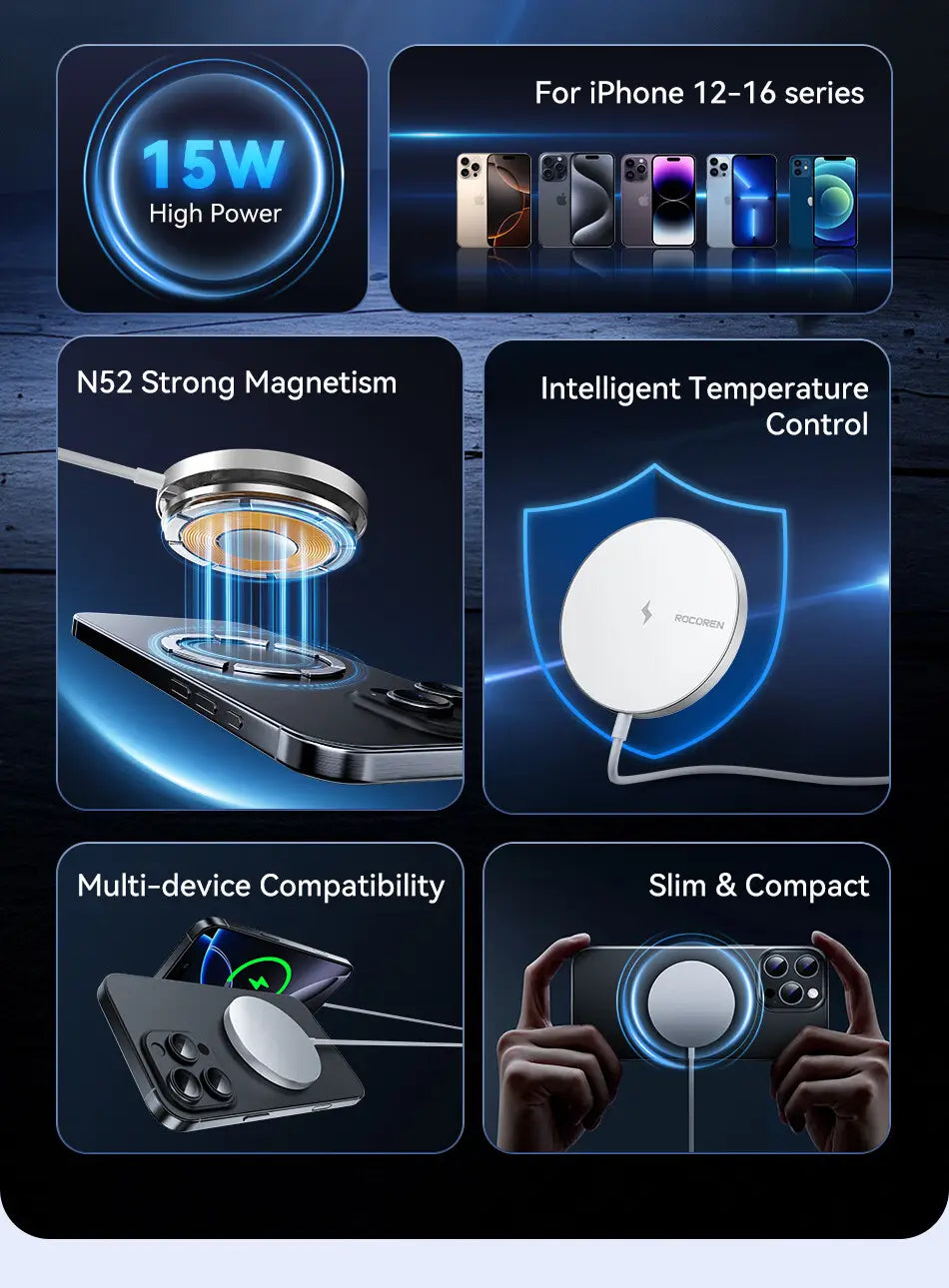 Cargadores inalámbricos con almohadilla magnética de carga rápida de 15 W con fuerte magnetismo N52 y control inteligente de temperatura, diseñados para las series de iPhone 12 a 16 en color negro elegante.