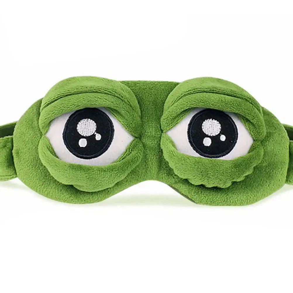 Máscara de dormir de felpa de rana verde, producto terminado, con ojos de dibujos animados bordados con pupilas negras y esclerótica blanca, diseñada en forma de pepe the frog.