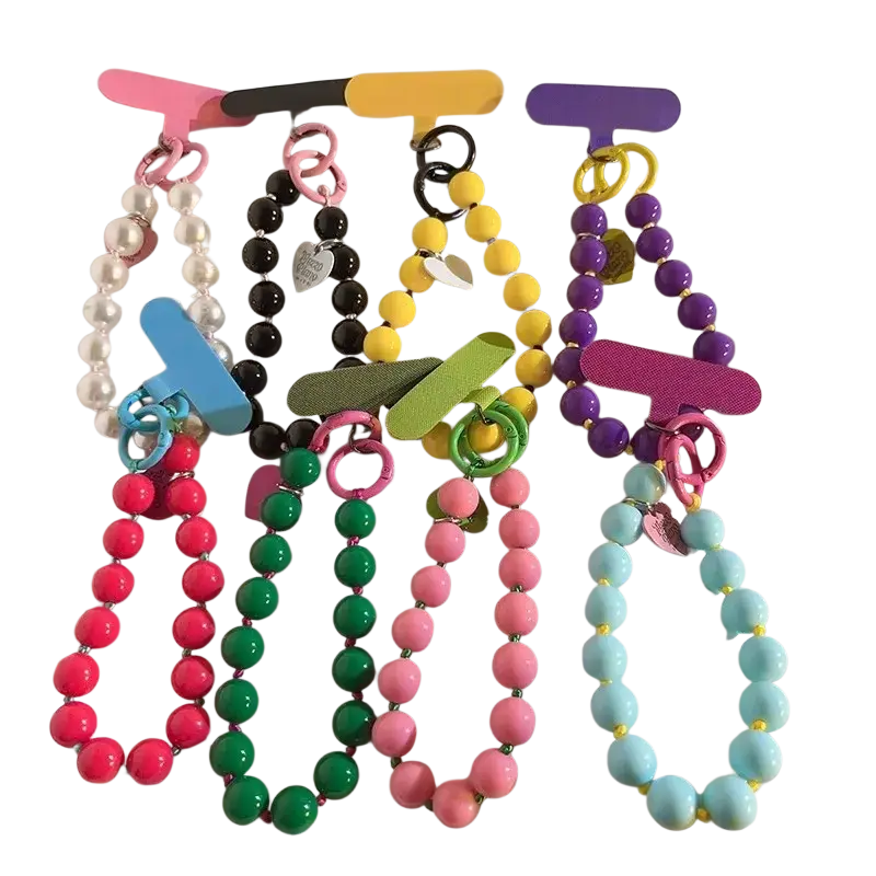 Beaded phone wrist strap with colorful plastic beads and metal rings shown from a front angle