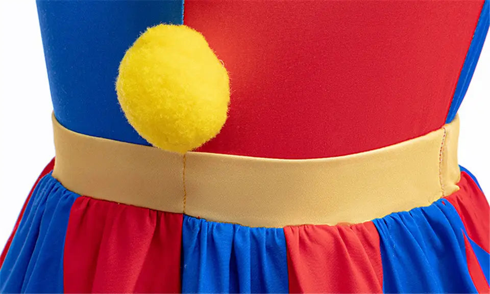 pomni clown costume dress in vibrant red and blue with yellow pom-pom accent on the waistband displayed alongside a size chart
