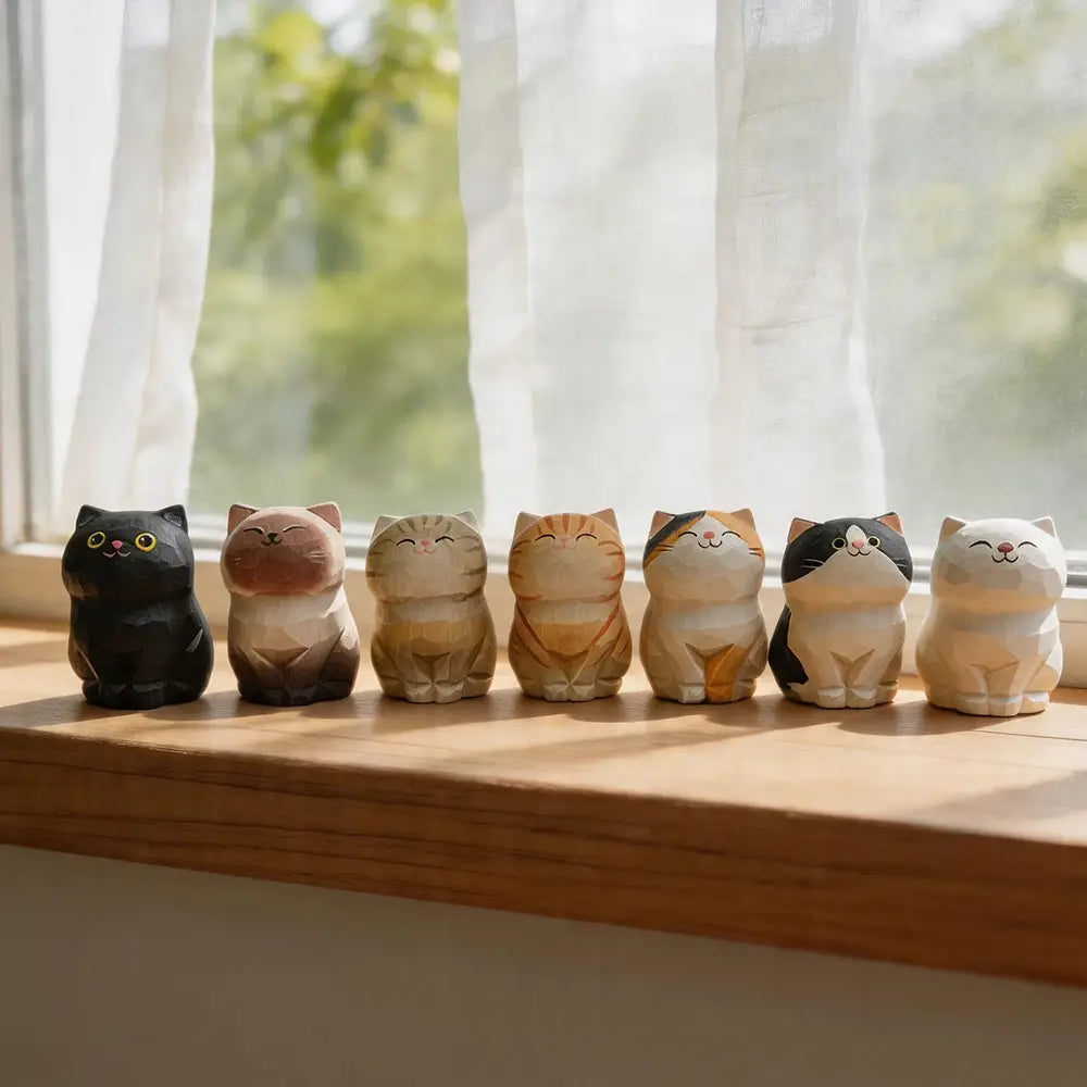 a row of six handcrafted wooden cat figurine desk decor pieces with unique fur patterns and cheerful expressions showcasing actual product quality factory direct from the artisan studio