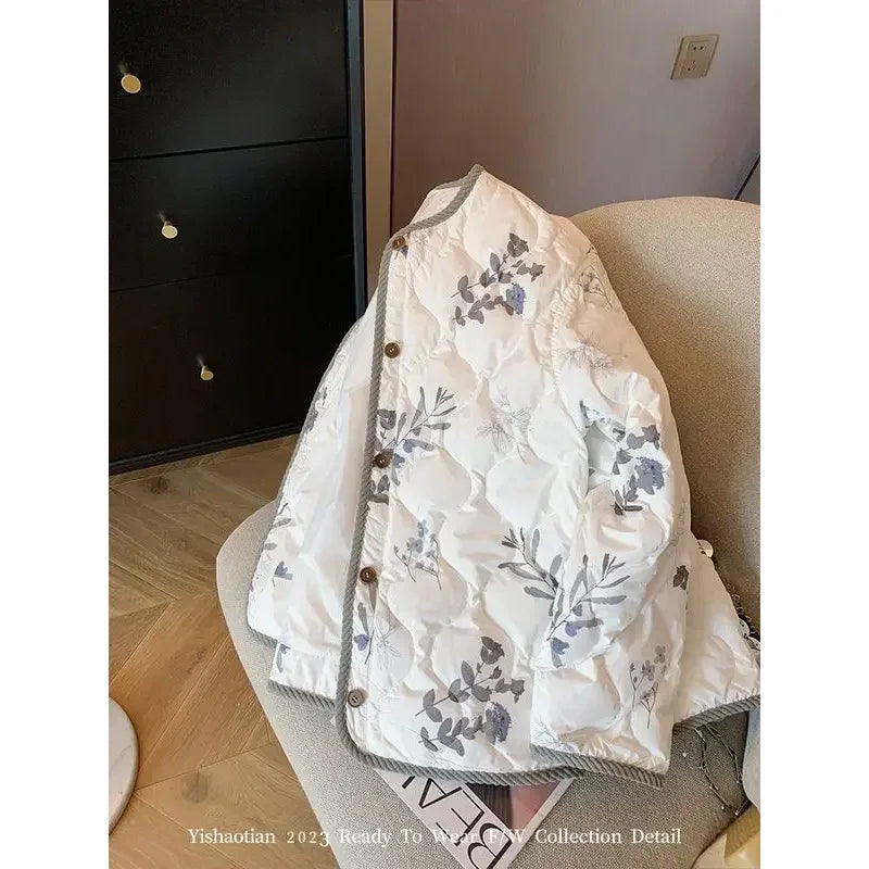 Corduroy Edging Padded Cotton Winter Coat for Women Aesthetic Y2K Floral Printed Elegant Bomber Jacket Korean Fashion Streetwear