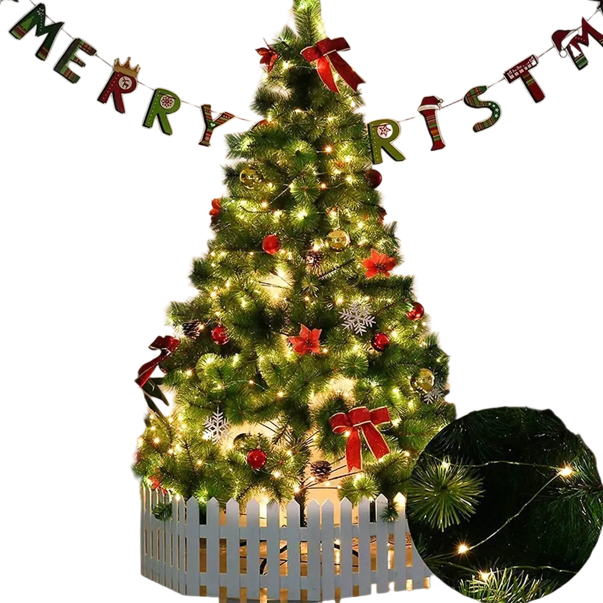 A festive green artificial christmas tree decorated with warm white led string lights and red bows