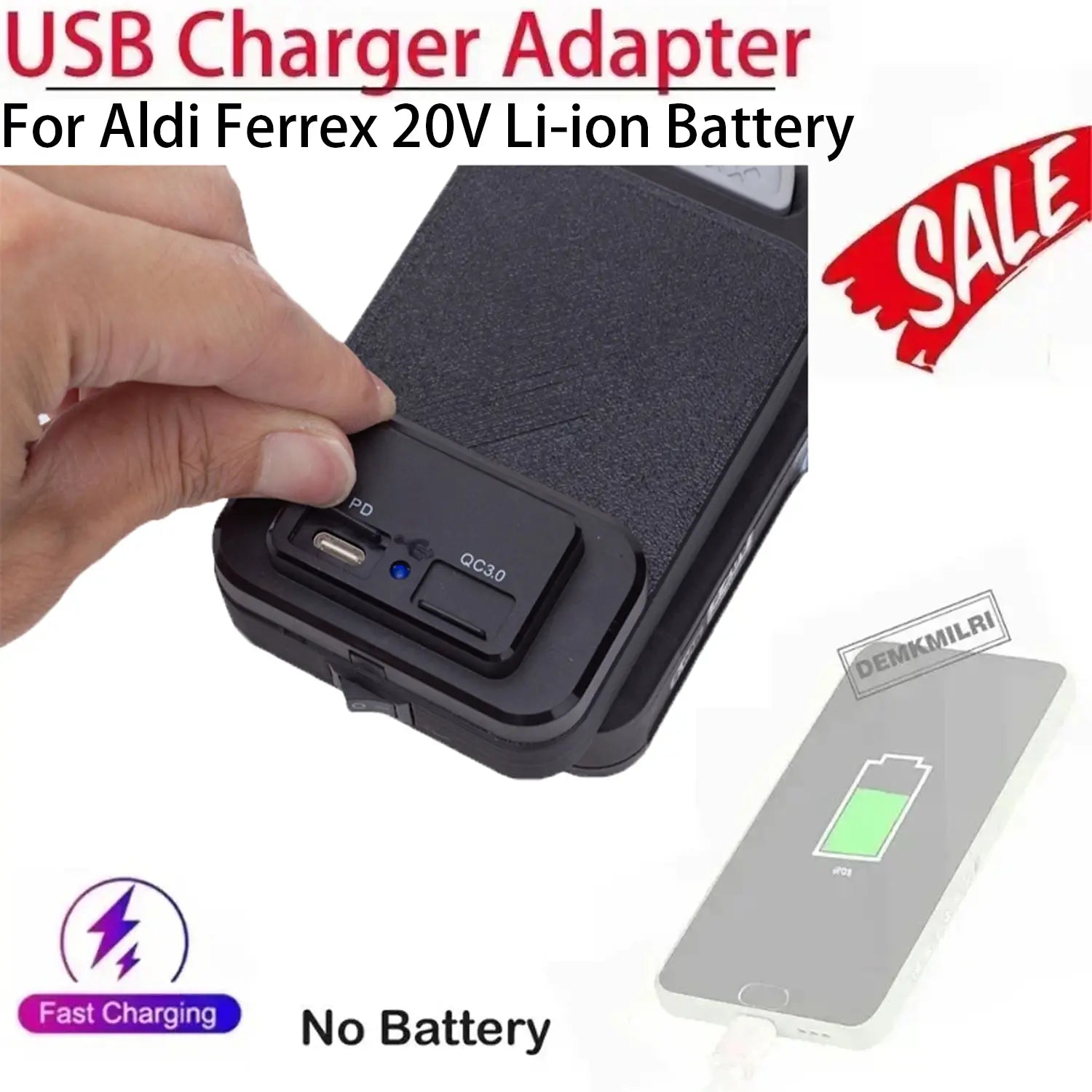 black usb charger adapter with pd and qc3.0 ports for ferrex 20v li-ion battery fast charging power bank designed for efficient charging without a separate battery unit