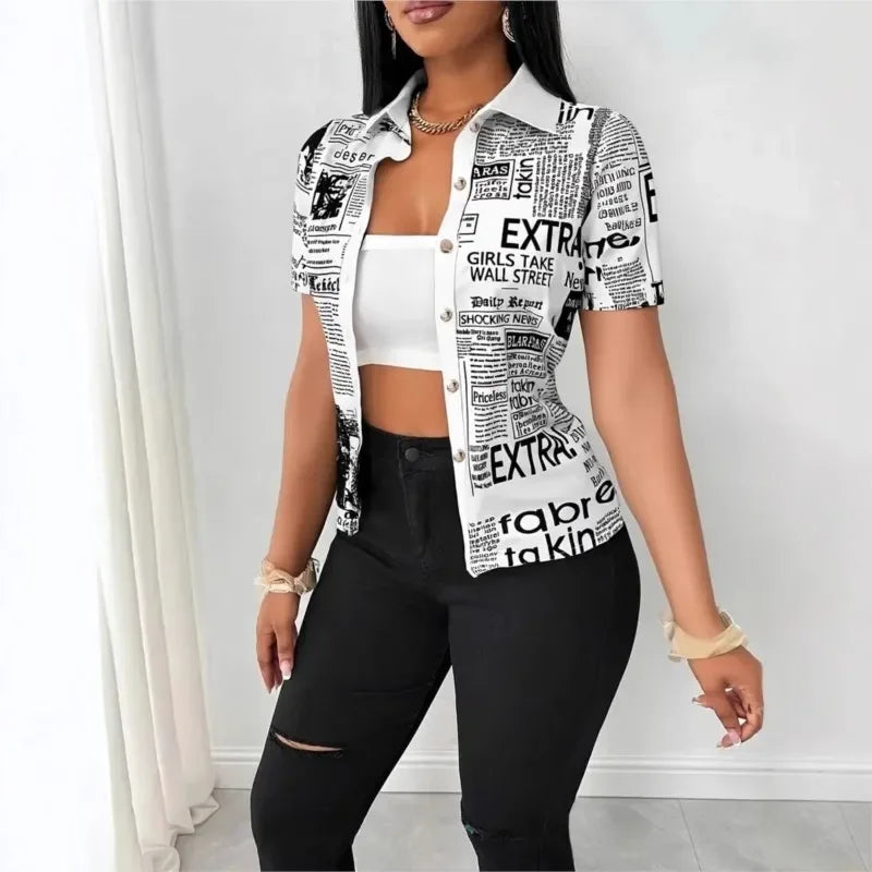Women's Elegant Blouses Summer Fashion Newspaper Pattern Print Single Breasted Short Sleeve Women Shirt V-neck Casual Tops Shirt