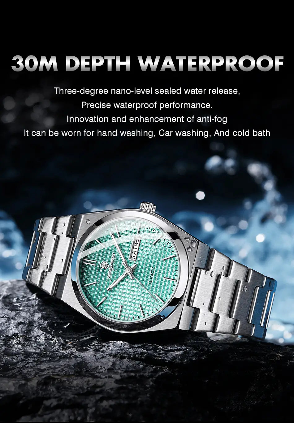 Paazomu luxury chronograph watch featuring a sleek silver-toned stainless steel case with a textured mint green dial and minimalist hour markers.