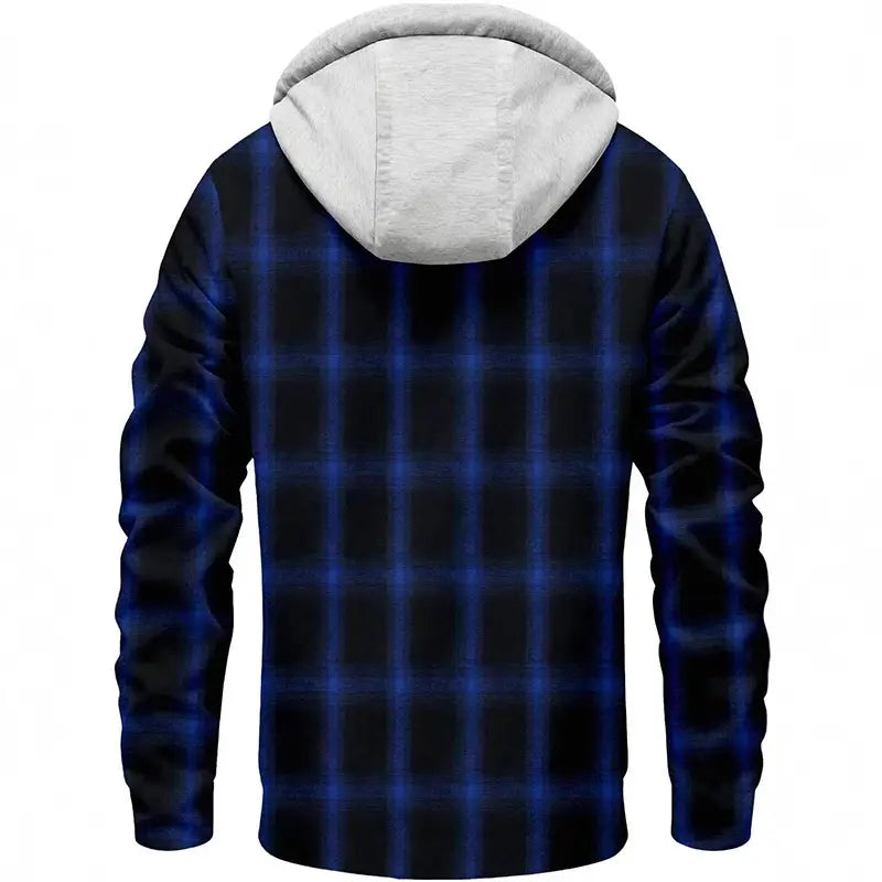 Chaqueta con capucha Y2K de polar a cuadros para hombre en azul y negro, con forro interior de polar con líneas blancas