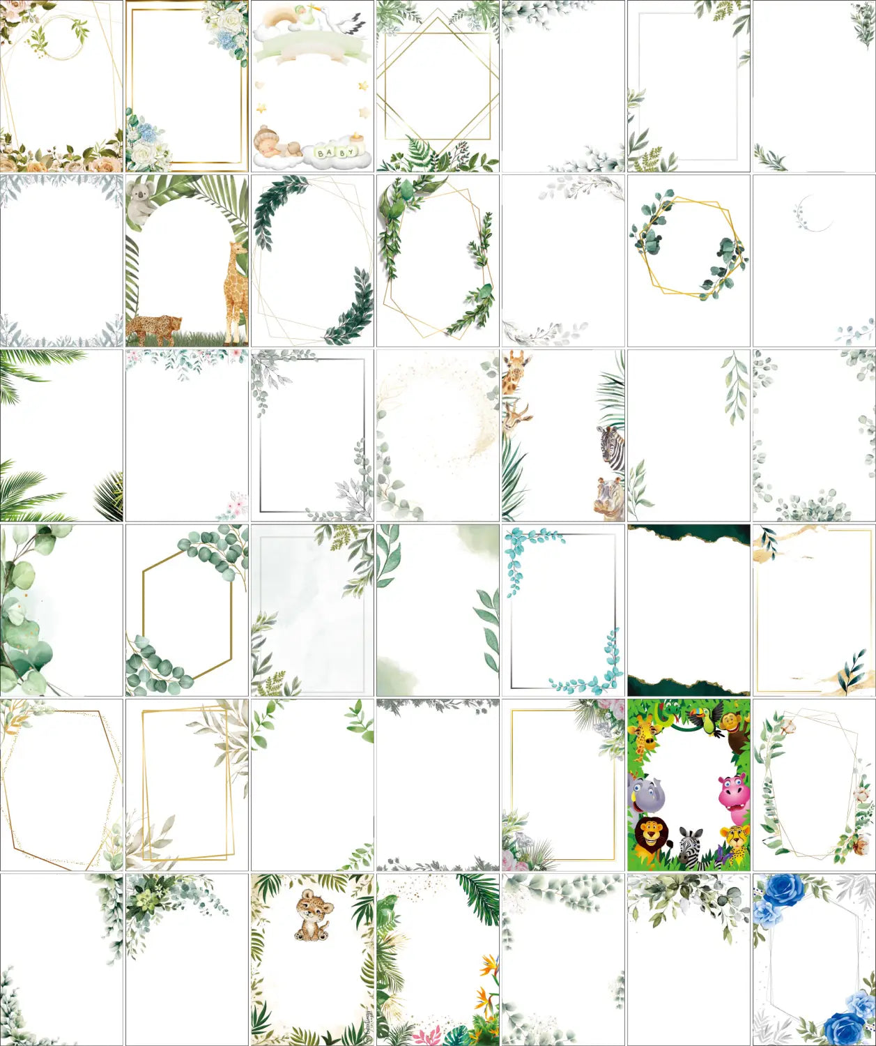 a set of 10 jewish blessing card acrylic keychain party favors featuring delicate nature-inspired printable frames with botanical illustrations and safari animal motifs in soft greens golds and pastel tones.