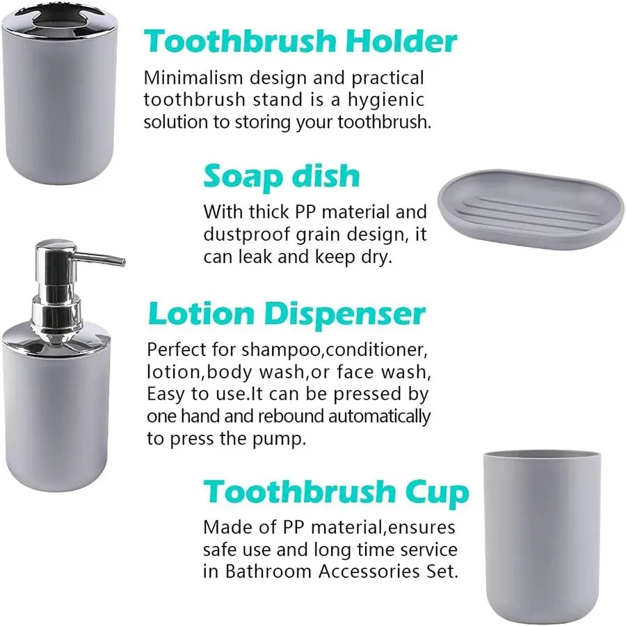 Bathroom Accessory Set,6 Piece Gift Set,Toothbrush Holder,Toothbrush Cup,Soap Dispenser,Soap Dish,Toilet Brush Holder,Trash Can