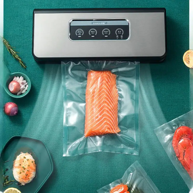 Silberne Xianqu-Vakuumversiegelungsmaschine mit schwarzen Akzenten und einem digitalen Bedienfeld zum Versiegeln eines transparenten Vakuumbeutels mit einem leuchtend orangefarbenen Lachsfilet mithilfe von Vakuumversiegelungsbeuteln aus einer 20×1500-cm-Rolle zur effizienten vakuumierten Lebensmittelaufbewahrung.