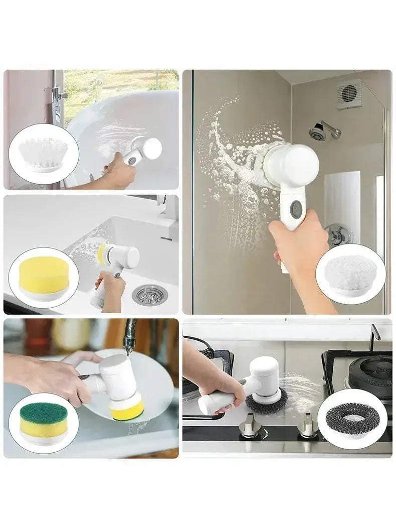 Brosse de nettoyage électrique à rotation sans fil blanche avec accessoires en éponge interchangeables pour le nettoyage des surfaces, dans l’ensemble de brosses électriques à rotation sans fil comprenant cinq têtes.