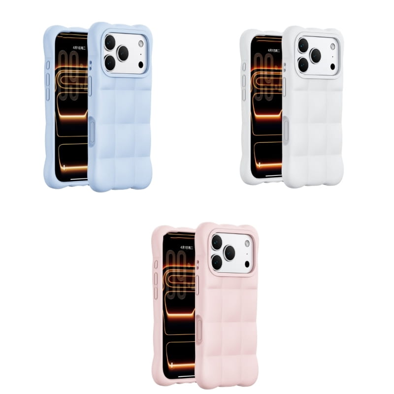 Zarte Pastellblau-Weiß-Rosa flüssige Silikon-Handyhüllen mit gestepptem Texturdesign, von der Rückseite dargestellt, für das Telefon 17.