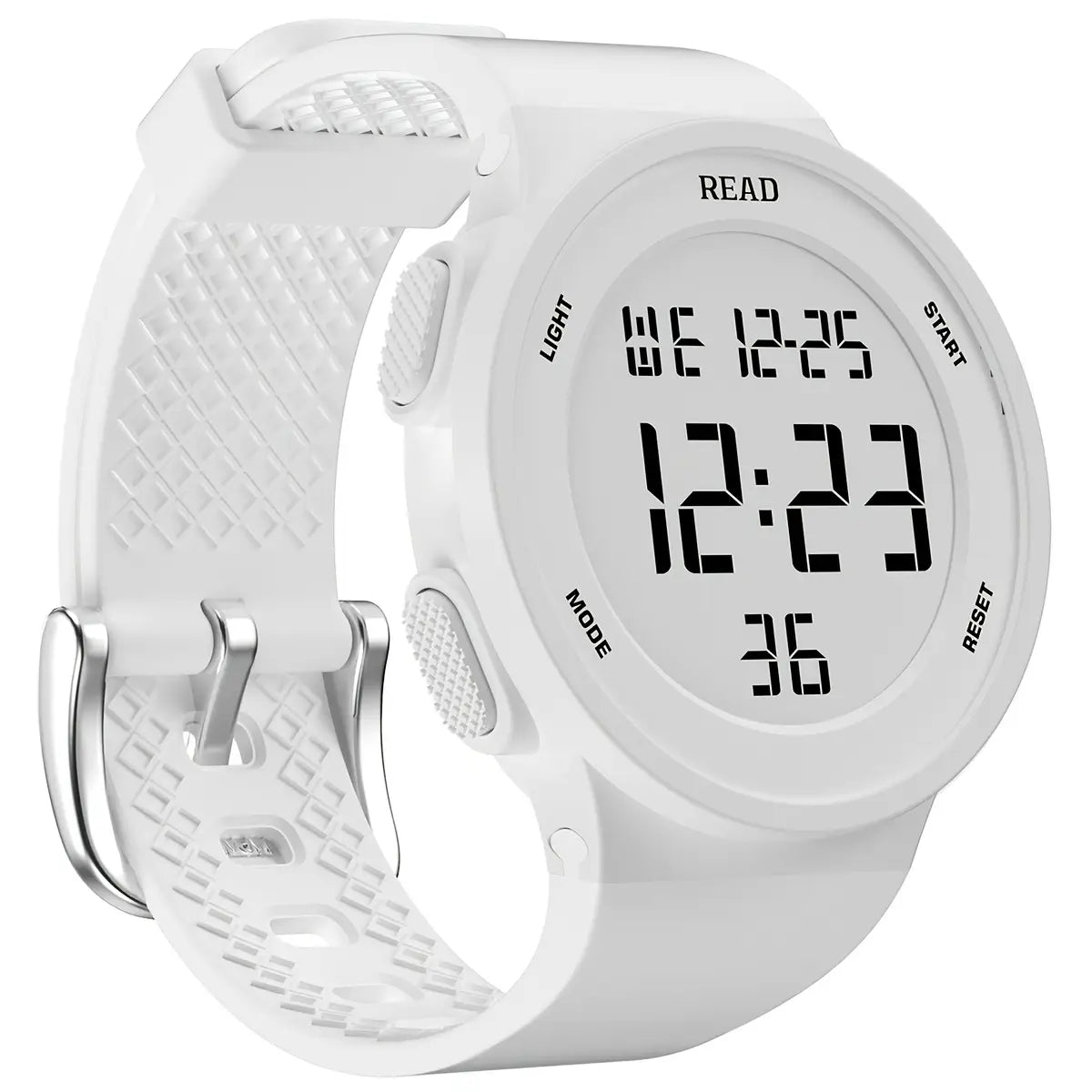White led digital sports watch womens waterproof fitness timepiece with textured silicone strap and silver-toned buckle.