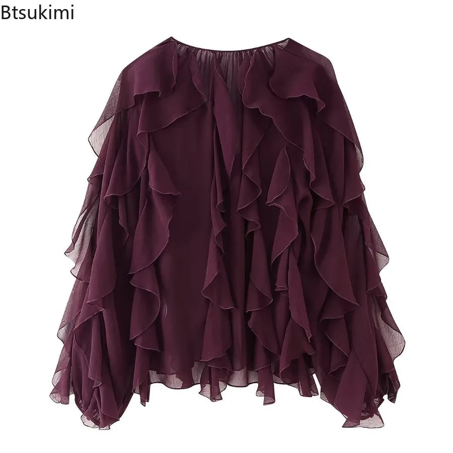 New Women's Sexy Semi-sheer Ruffle Shirt Long Sleeve V Neck Front Button Autumn Fashionable Versatile Layered Decorative Blouse
