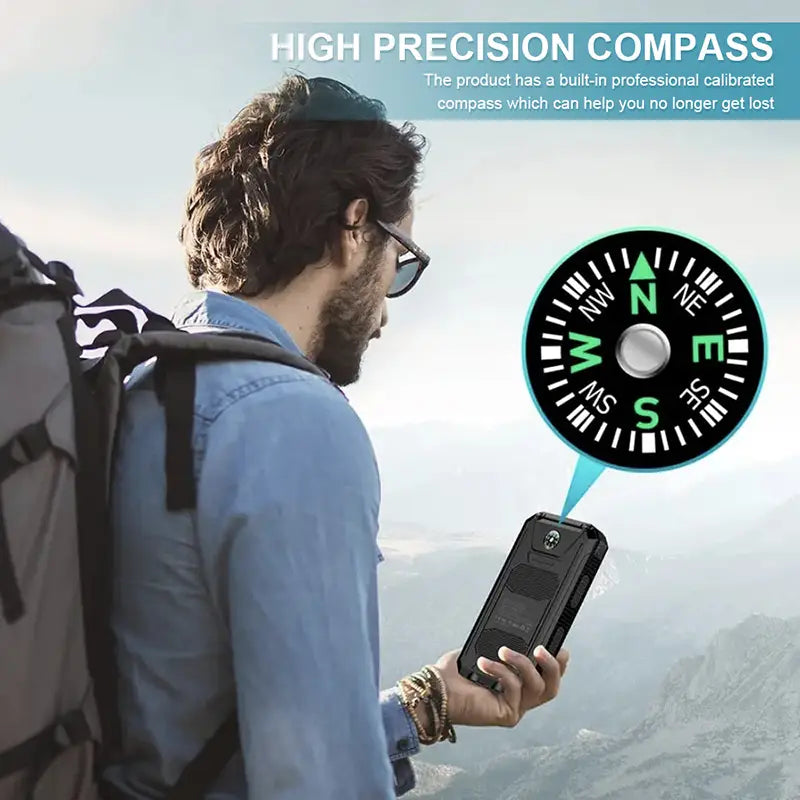 Funda rígida negra para teléfono con brújula de alta precisión incorporada, visible desde la parte trasera para banco de energía solar de 80000 mAh con carga rápida.
