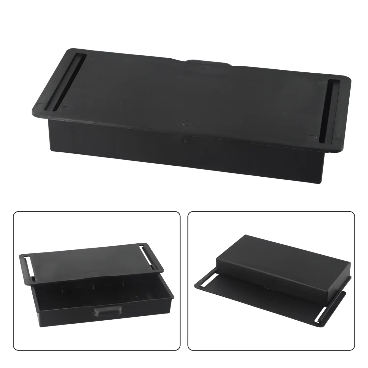 Boîte de rangement en ABS pour organisateur de tiroir sous bureau en plastique noir, avec couvercle à charnière et supports de montage pour la gestion des câbles.