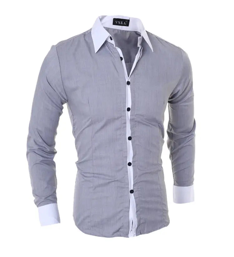 Men striped slim fit long sleeve casual shirt in sleek gray with a crisp white collar and cuffs and black buttons down the front.
