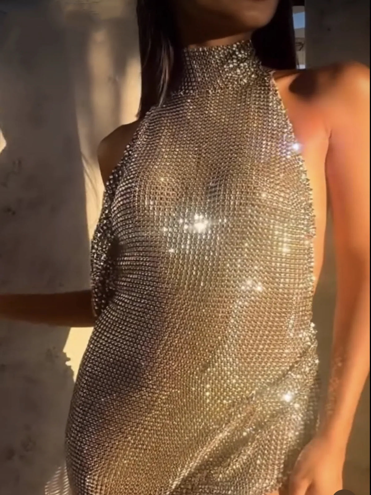 AKYZO European and American Fashion Women's Wear Sparkling Diamond Metal Nightclub Party Spicy Girl Group Sexy Backless Dress