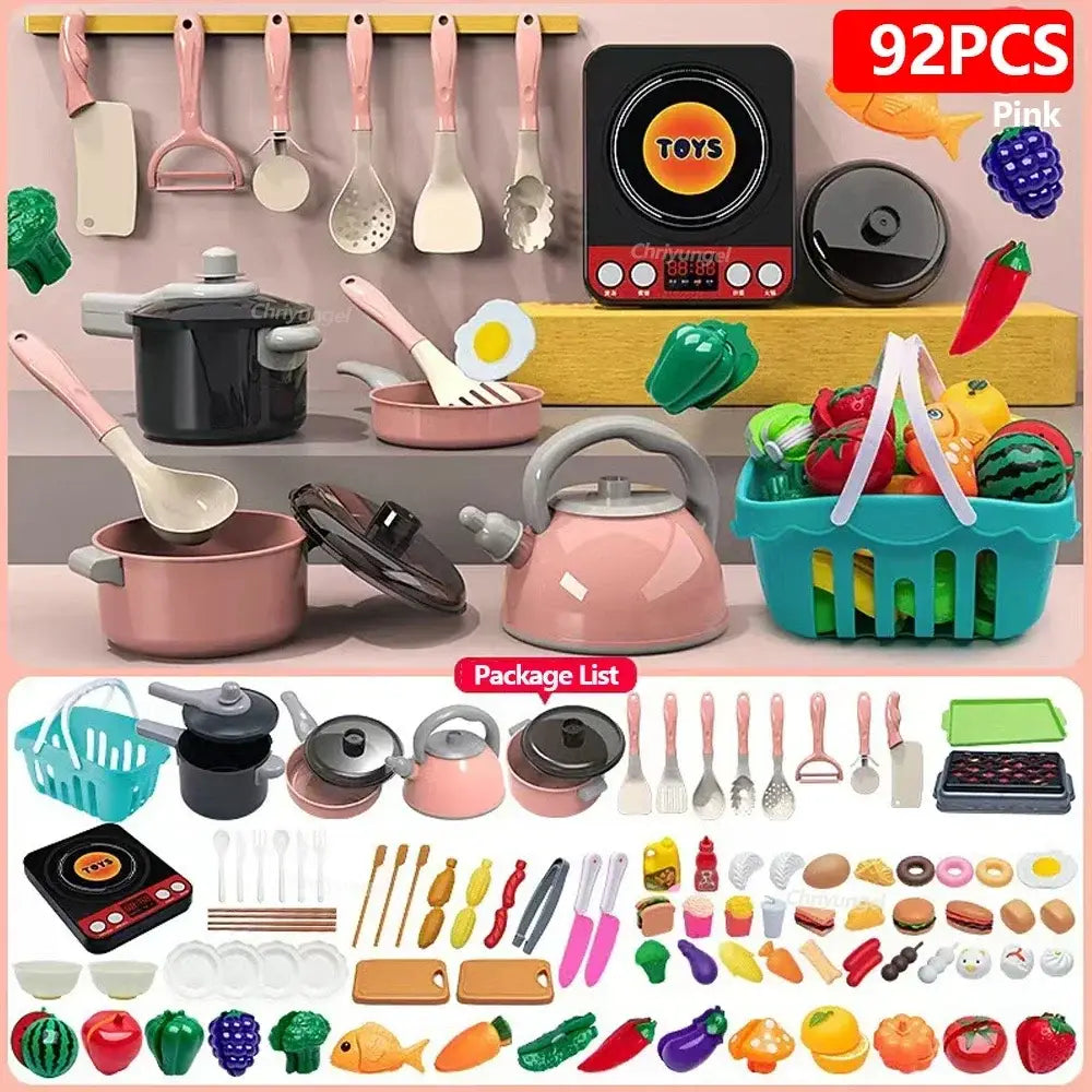 Set für das Rollenspiel in der Kinderküche aus pinkem Kunststoff mit Küchenzubehör und schwarzen sowie silbernen Akzenten für fantasievolles Spiel