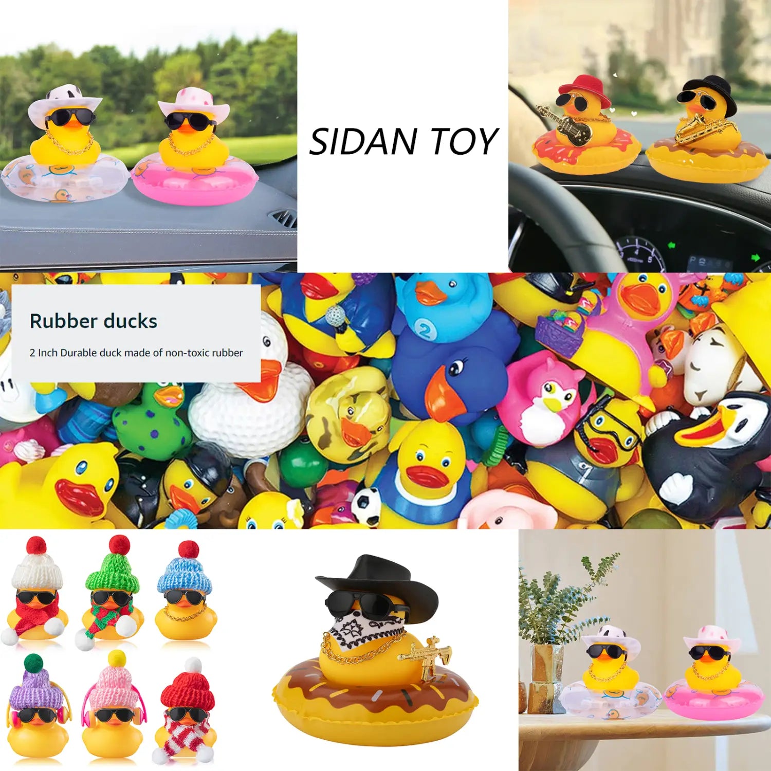 Graduation rubber duck in yellow rubber with black cowboy hat and gold chain sitting on a chocolate donut wearing sunglasses.