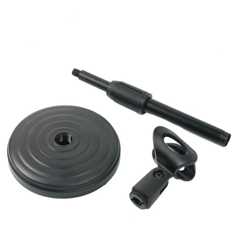 Black plastic adjustable desktop microphone stand with clamp and circular base for stable microphone holding.