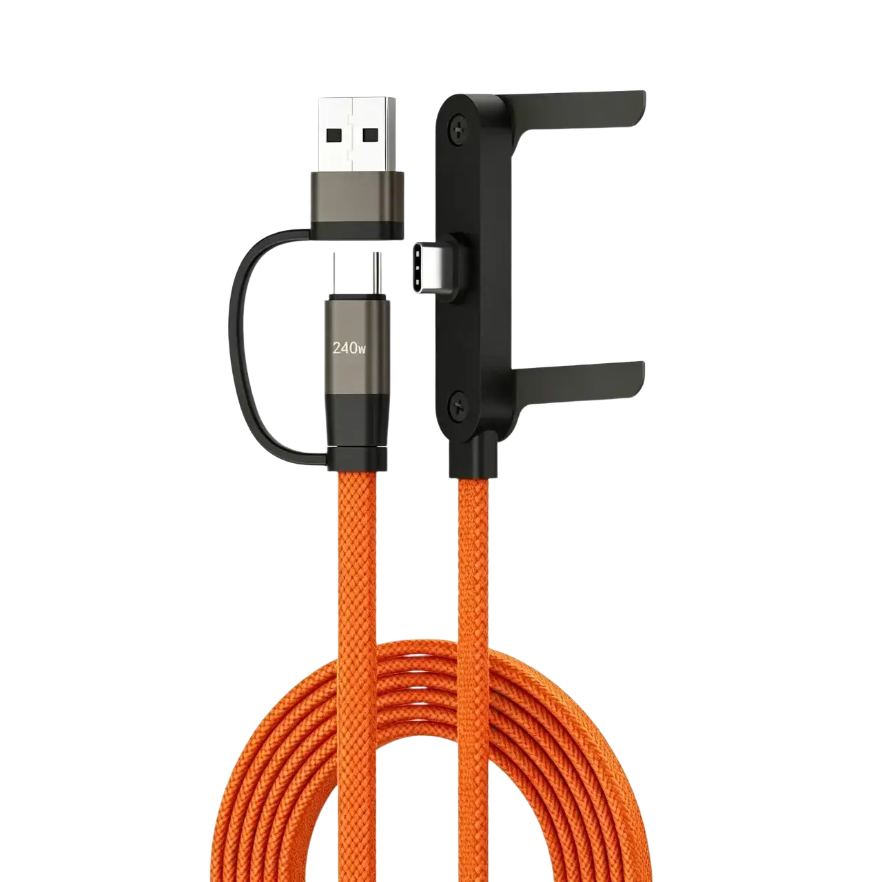 Câble de charge rapide tressé orange avec support de charge noir à clip et double connecteurs, présenté sous un angle frontal, avec une image du produit d’un câble de charge rapide 240 W avec support de téléphone.
