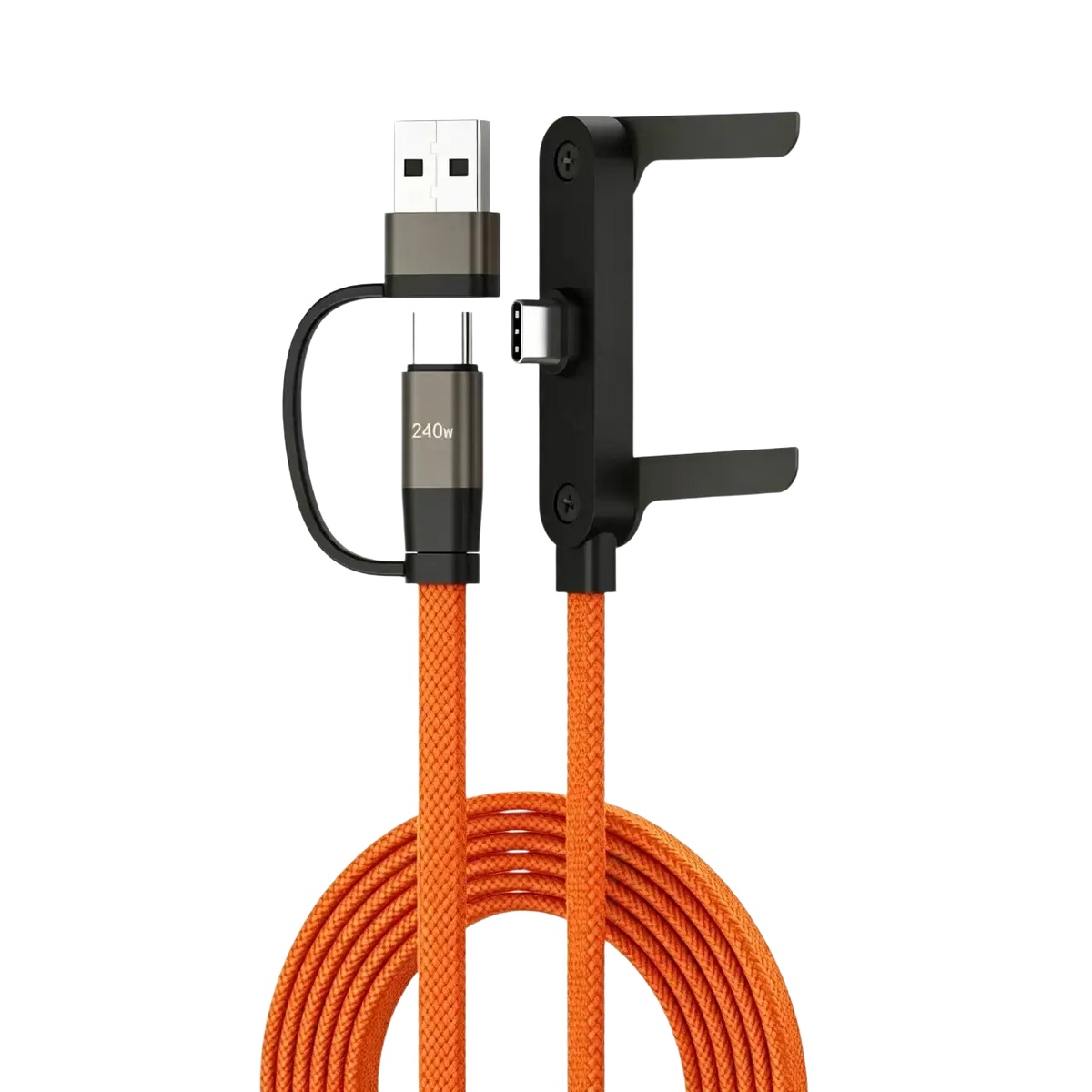 Orange braided 240W USB‑C fast charging cable with black magnetic clip and dual connectors in front view
