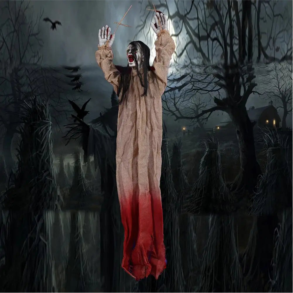 a hanging halloween decorations creepy scarecrow prop featuring a figure in a beige and red gradient robe with long dark hair pale makeup and an open-mouthed expression