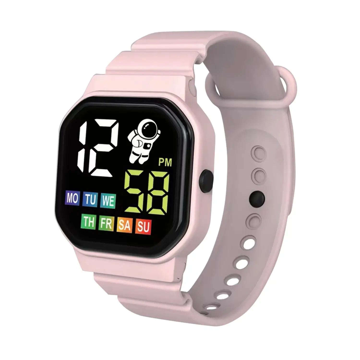 Kids astronaut led digital watch white featuring a pink square face digital display with colorful led digits and an astronaut icon on a black screen.