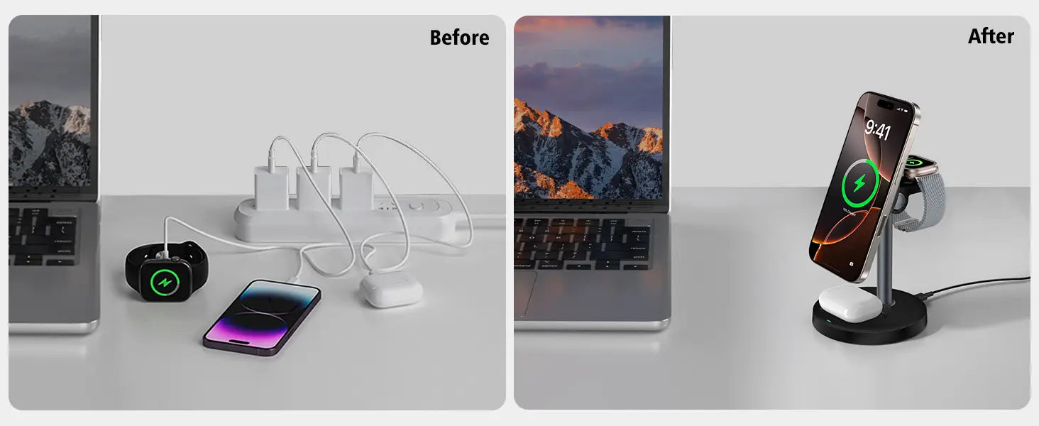 black magnetic wireless charger stand with circular base for phone and watch designed for apple devices