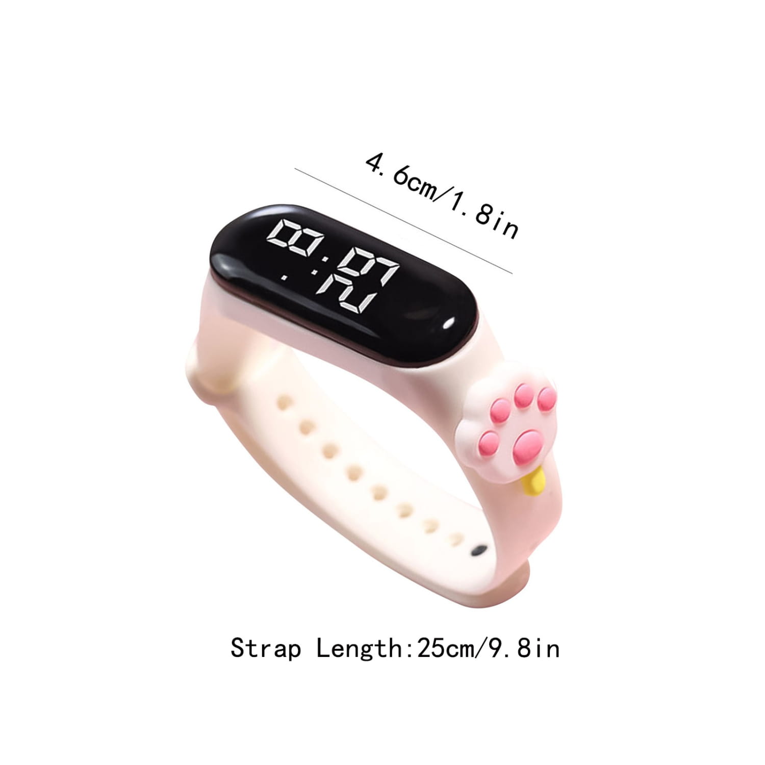 kids silicone digital watch life waterproof with pink silicone material, black digital display showing time, and a cute paw print design on the side.