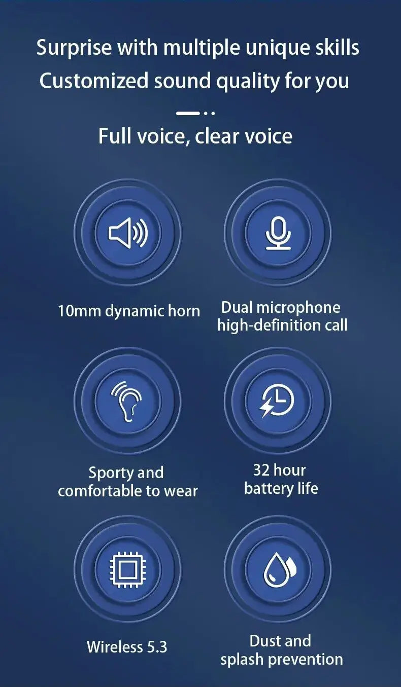blue circular icons with white sound and connectivity symbols representing the vocalism principle and hifi stereo sound features of wireless sport earbuds
