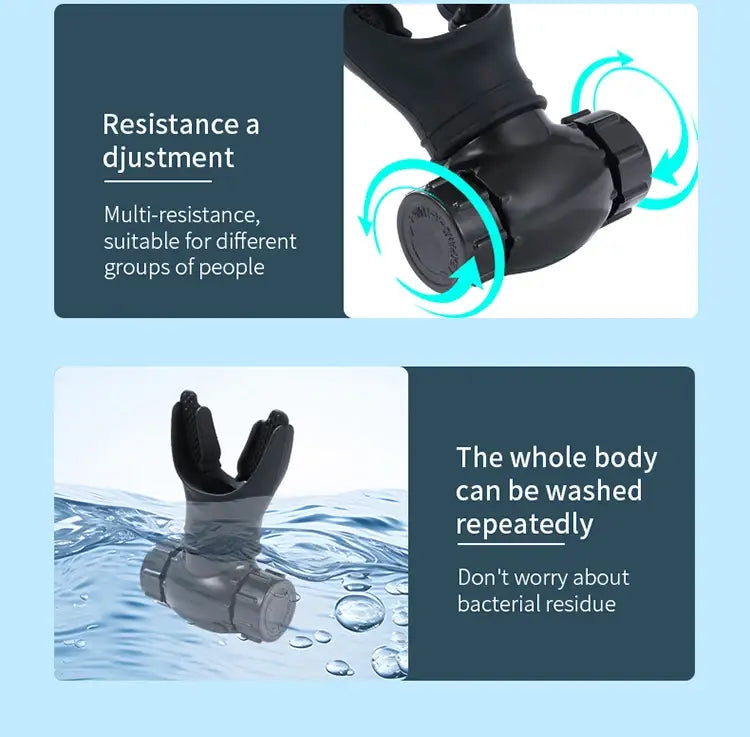 Black plastic respiratory trainer lung fitness device with adjustable resistance knob and removable mouthpiece for respiratory strengthening.