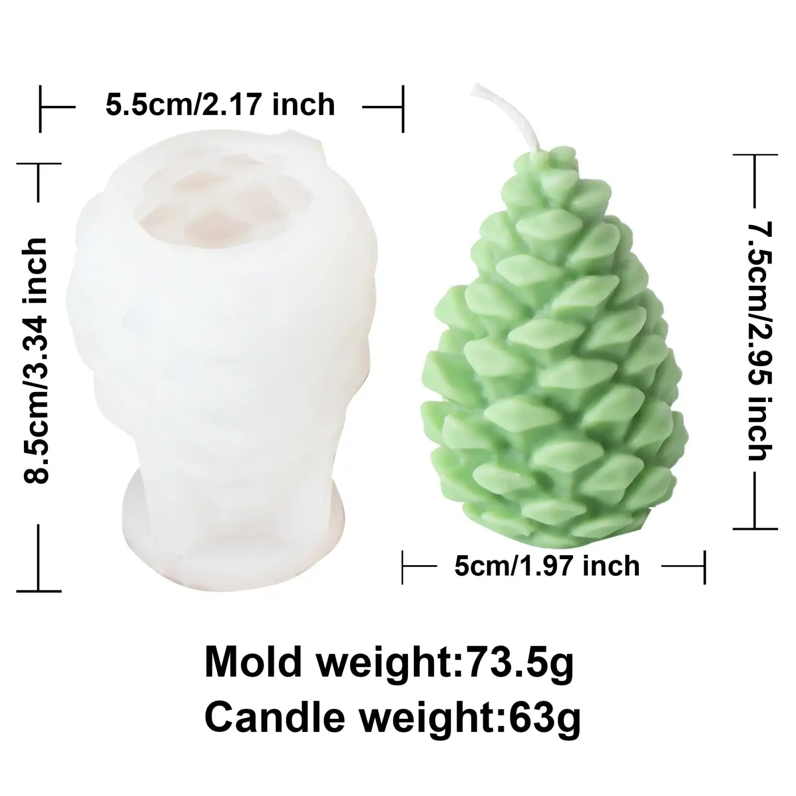 White silicone pinecone candle silicone mold next to a green pinecone candle for diy scented candle making and home decor