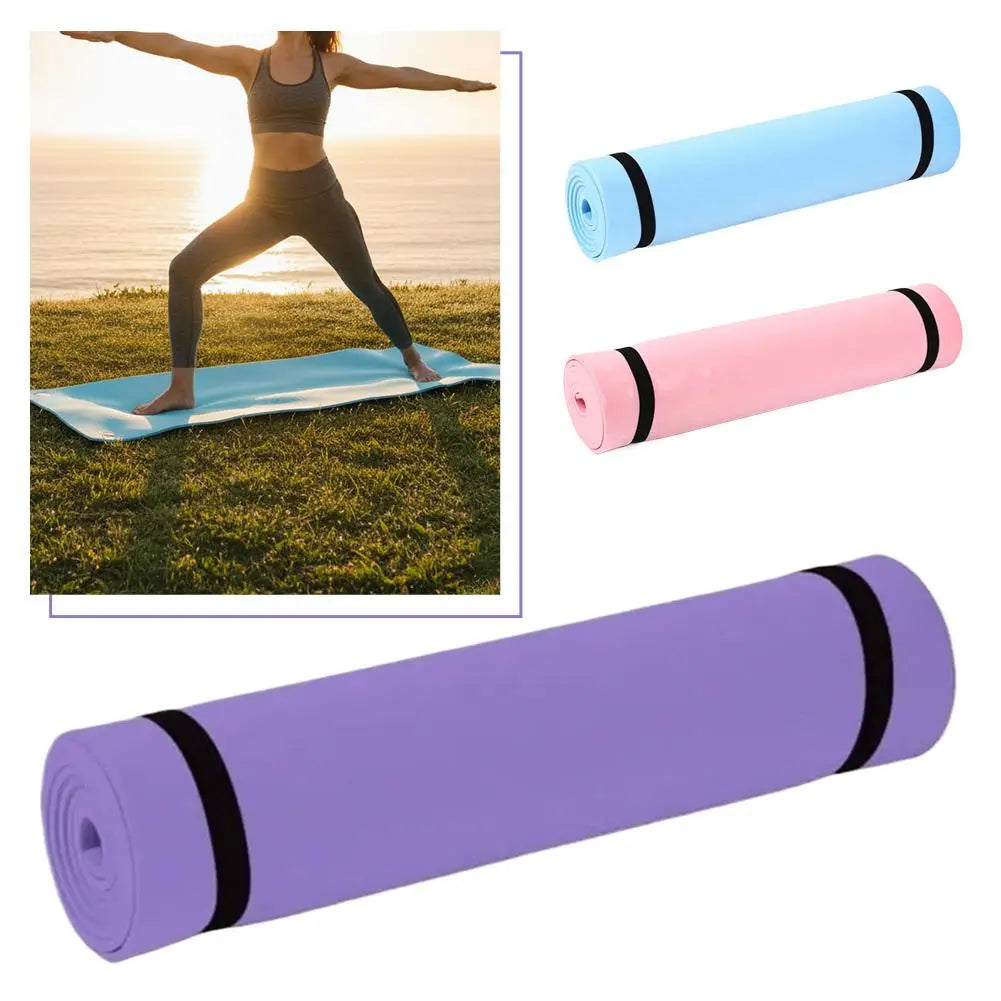 Purple portable EVA exercise mat with black straps rolled up and ready for fitness and camping use