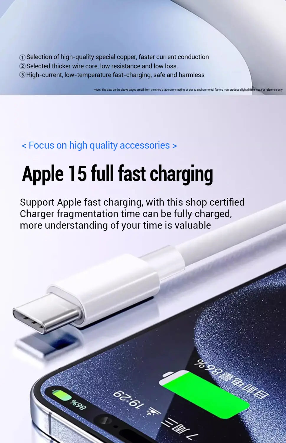 White apple 15 usb c to lightning fast charging cable with a sleek metallic connector and smooth plastic casing.