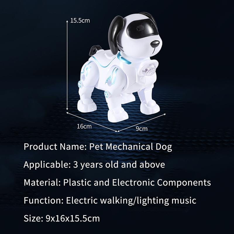 プラスチックおよび電子部品で作られた発光する青色ライト付きの白黒ロボット犬用おもちゃであり、知能音楽ロボットのスタントおもちゃとして設計されています。