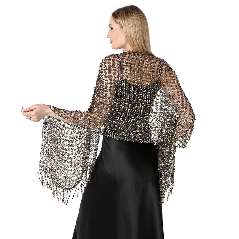 Women's 1920s Scarf Wraps Sequin Deco Fringed Wedding Cape Evening Shawl Vintage Prom Bridesmaid Bride Wedding Party Shawl