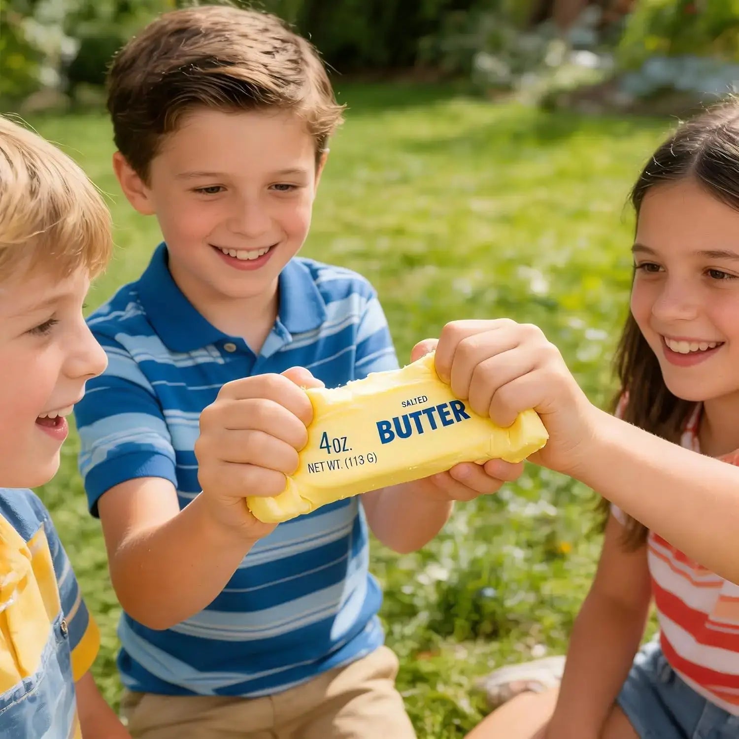 slow rising squishy butter stress relief toy shaped like a yellow salted butter stick with blue text labeling and a net weight of 4 oz for butter squeeze use.