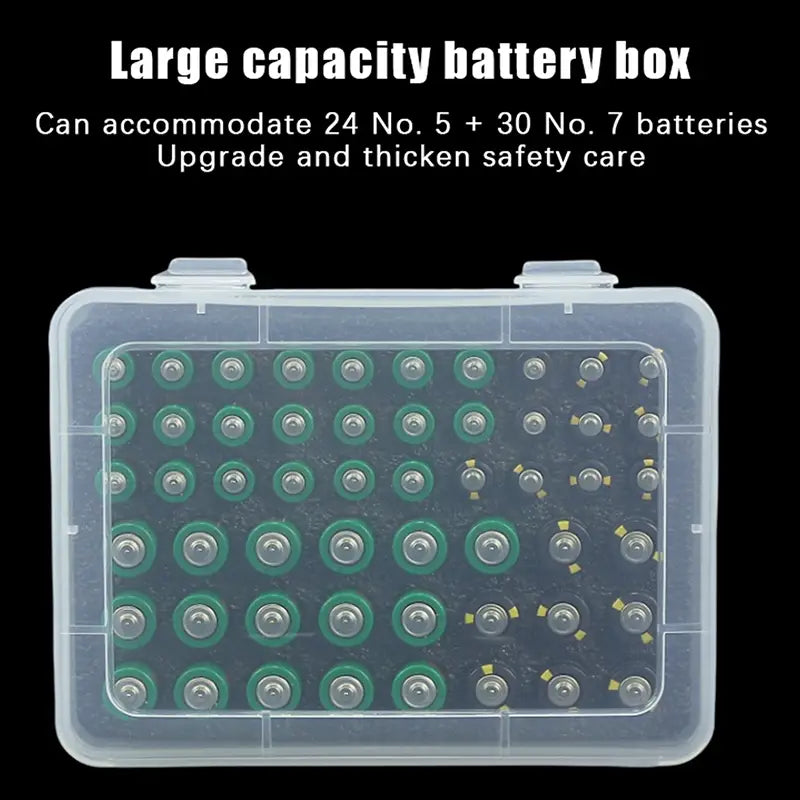 Clear plastic battery storage organizer holder with compartments for 24 no.5 and 30 no.7 batteries featuring green rubberized rings for secure storage.