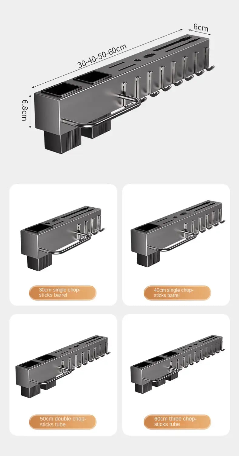 Black metal wall mounted kitchen utensil holder and knife rack with multiple slots for organizing utensils.