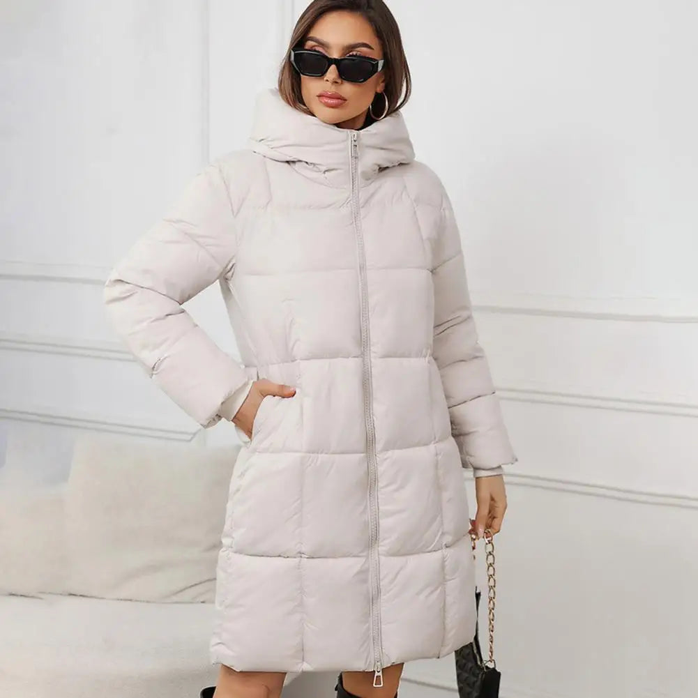 Women Long Hooded Down Jacket Winter Coat Women’s Winter Jacket with Hood Thickened Padded Down Coat Slim Waist Mid-length