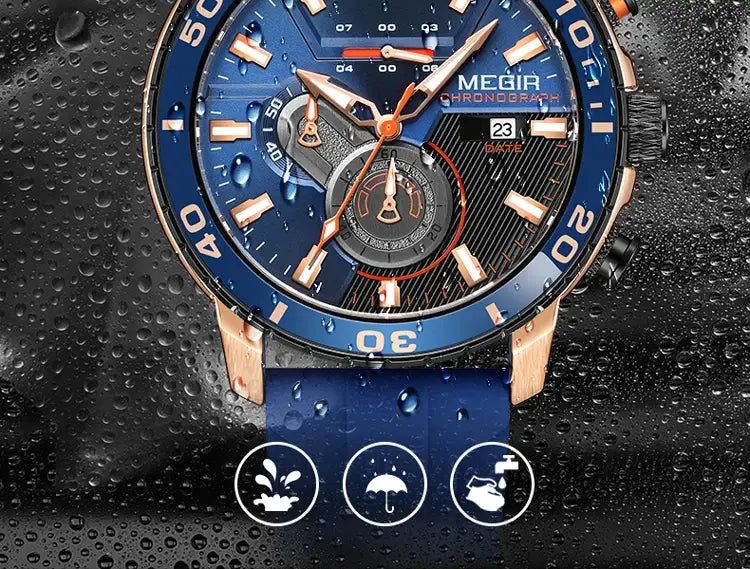 Megir men chronograph quartz sport watch in blue and rose gold with a textured dial and date window featuring water-resistant properties.