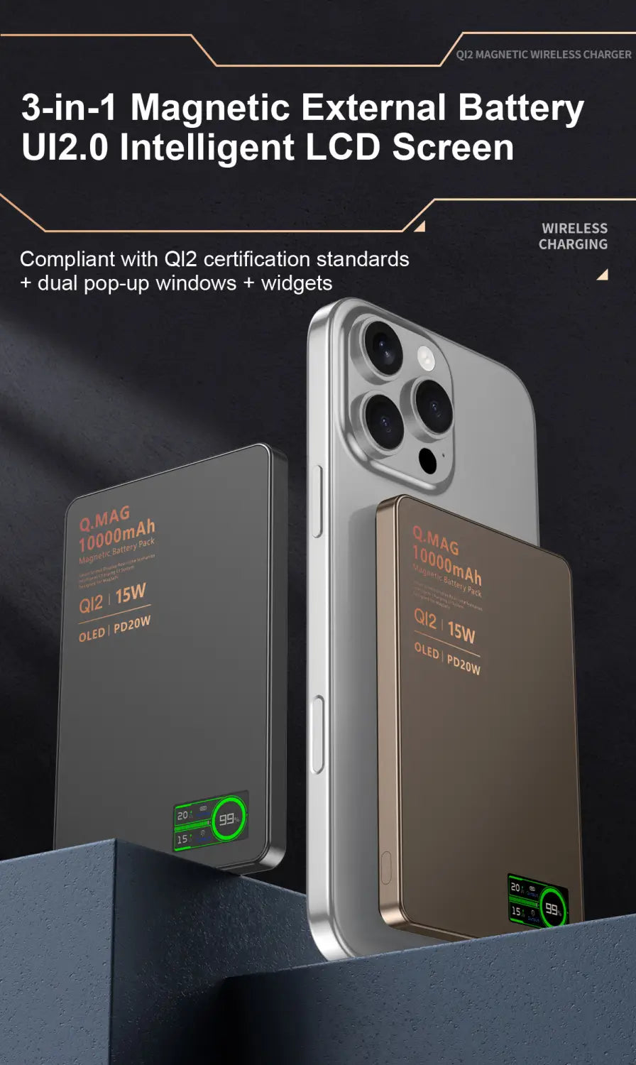 Silber- und goldfarbene Qi2-Magnet-Wireless-Powerbank 10000mAh mit 3-in-1-Magnet-Außenakku, OLED-Anzeige, Qi2-Zertifizierung und zwei ausklappbaren Pop-up-Fenstern.