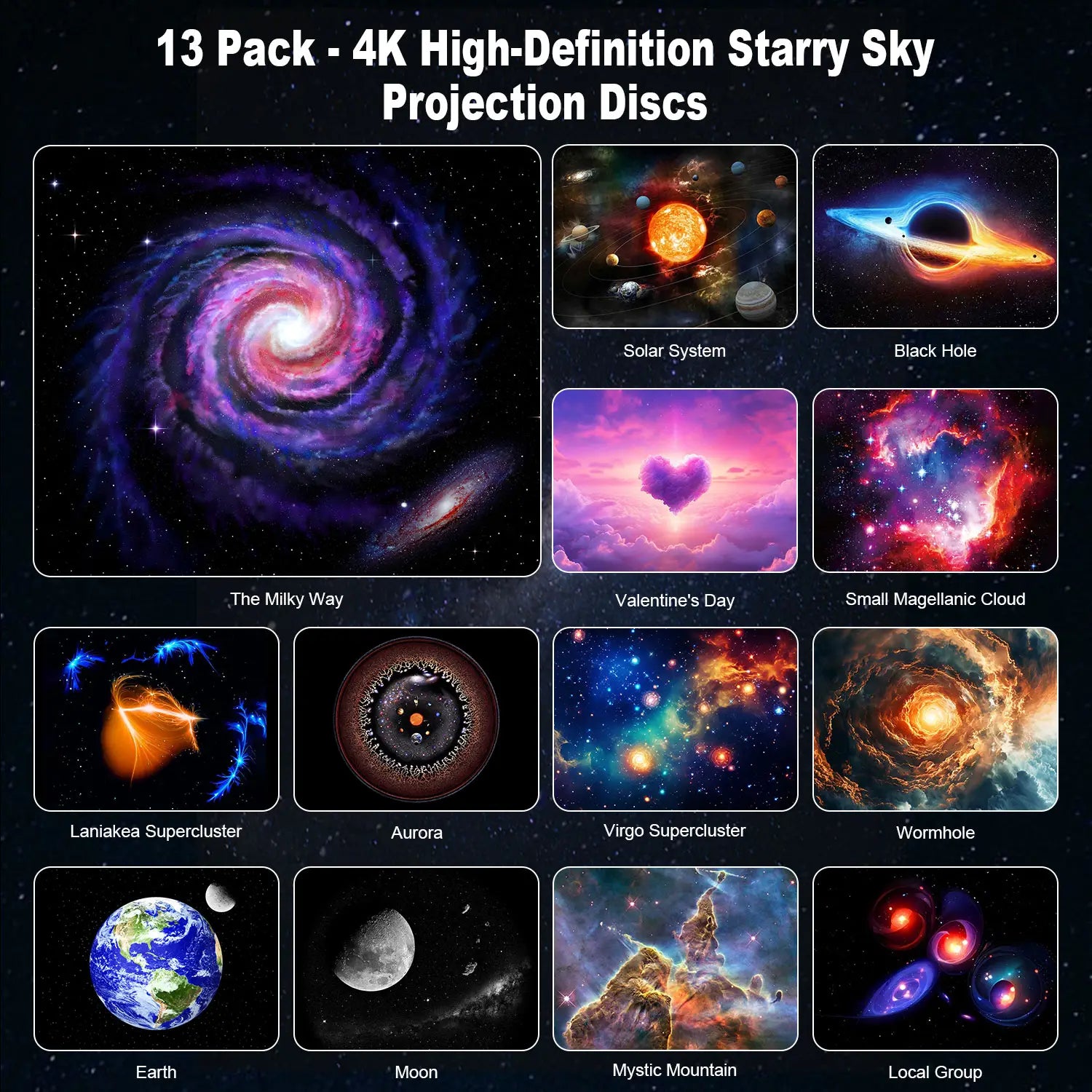 set of 13 high-definition projection discs featuring cosmic scenes such as the milky way solar system and black hole for the projector pro 25 in 1 galaxy star night light.