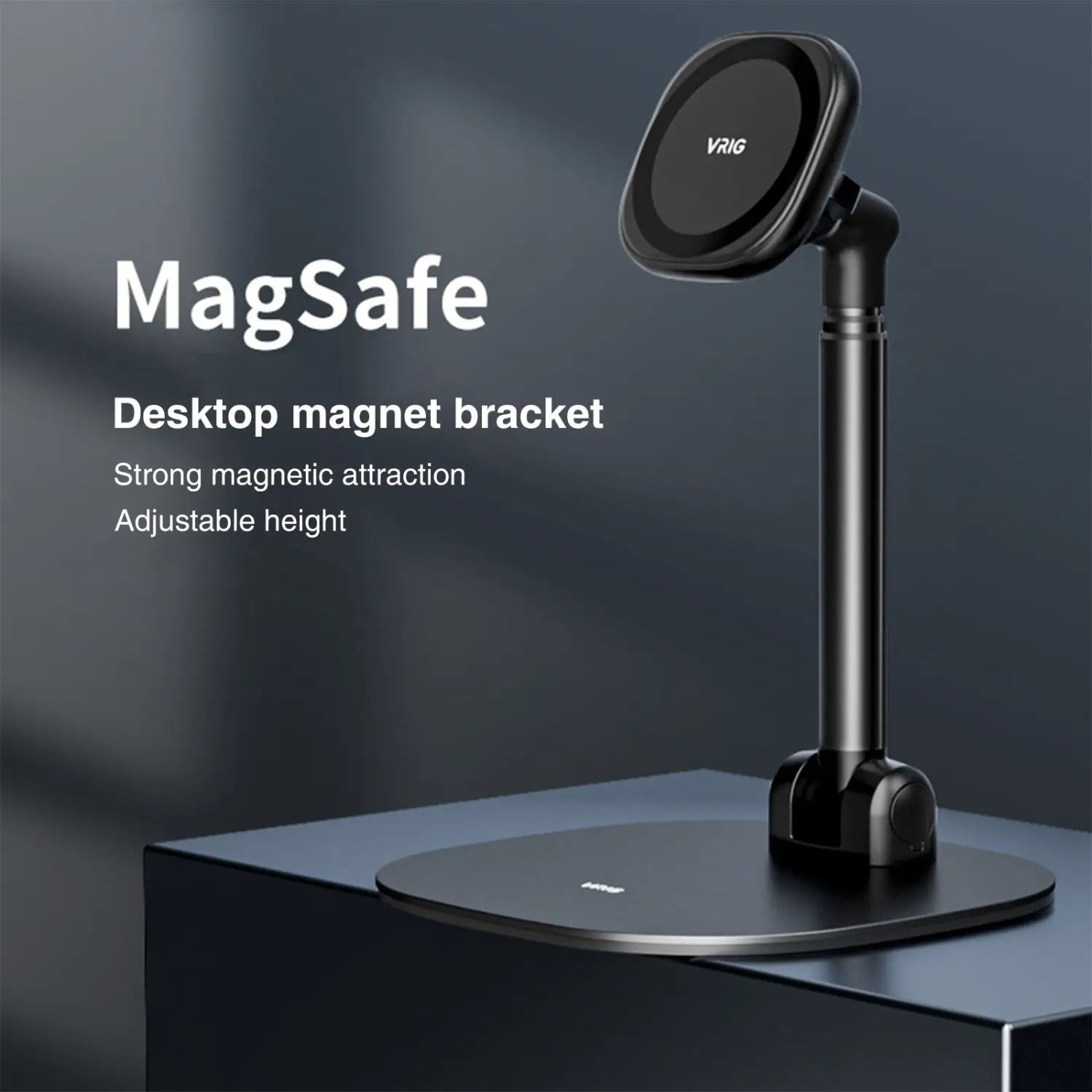 Schwarze Vrig MagSafe-Desktop-Magnethalterung mit verstellbarer Höhe und starker magnetischer Anziehung für kabelloses Laden auf dem Desktop