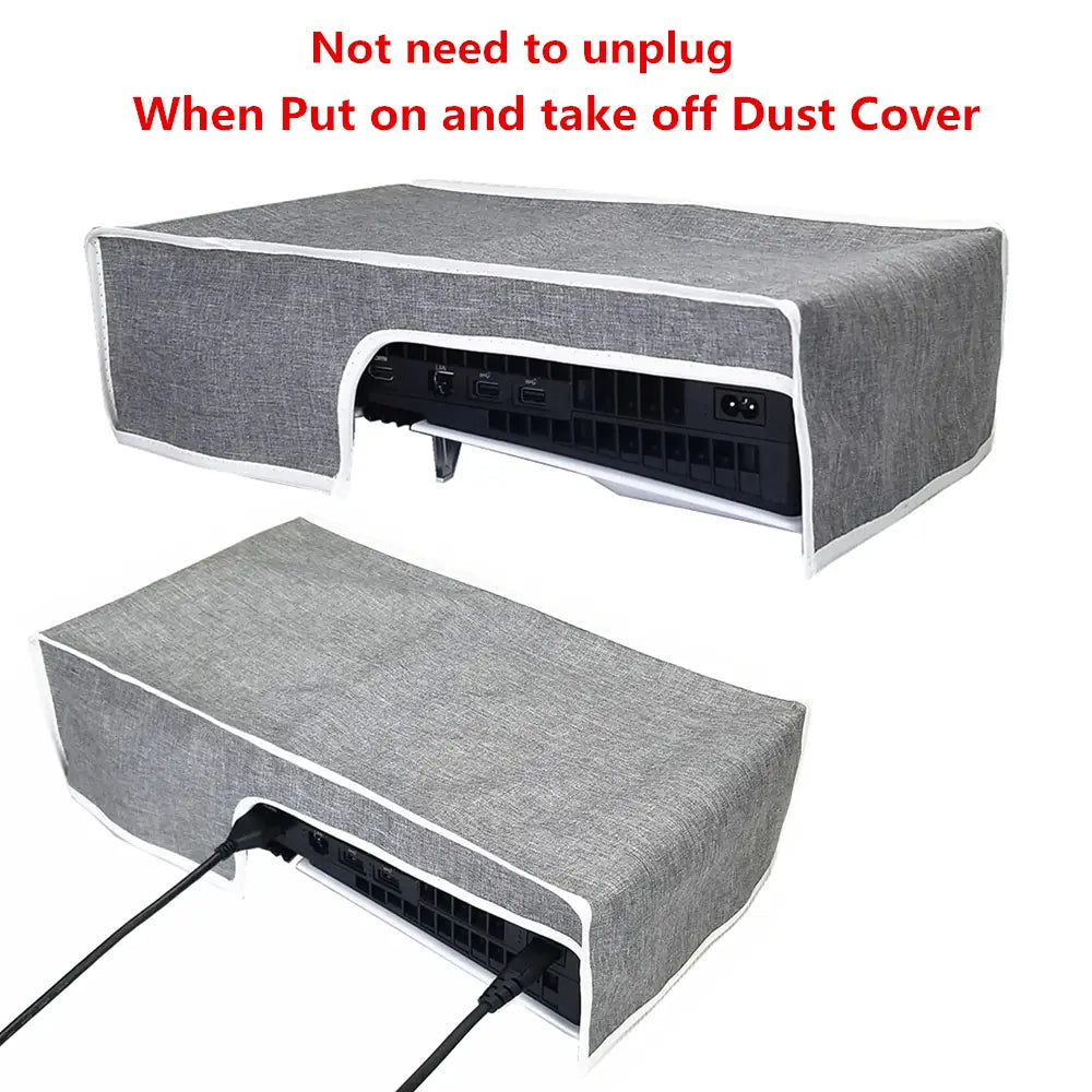 gray textured oxford cloth dust cover with white trim designed for ps5 pro console horizontal protection